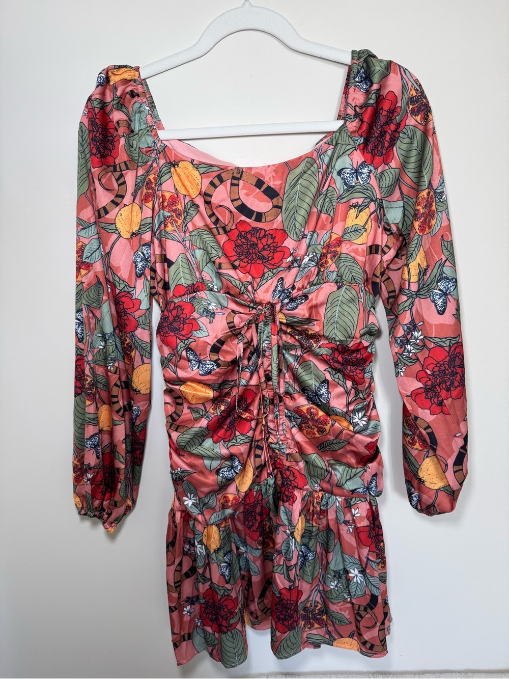 Floral Ruched Long-Sleeve Mini Dress - Coral Multi